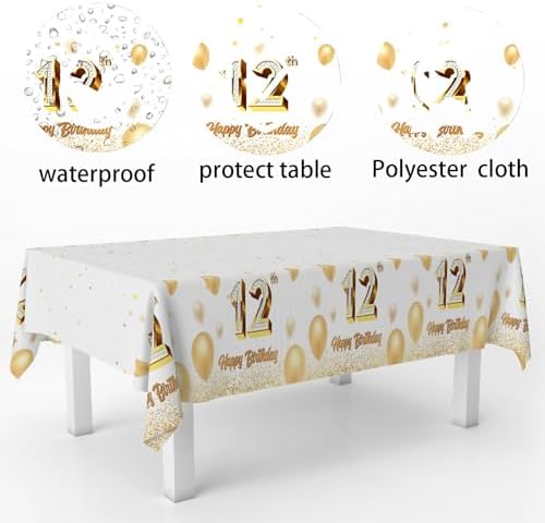 12th Birthday Tablecloth White Gold Rectangle Party Decor