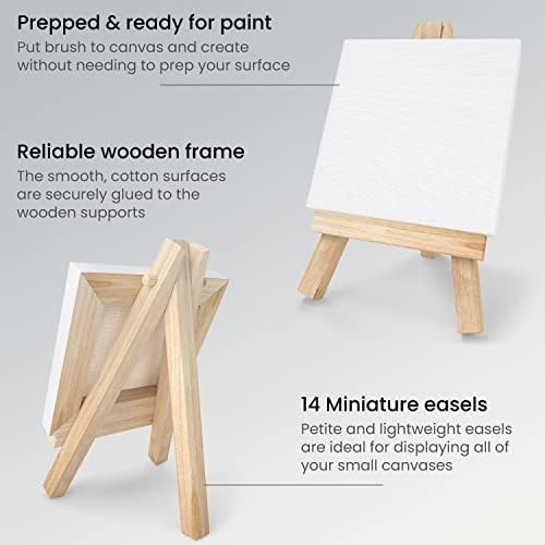 ARTEZA 14-Pack Mini Stretched Canvases for Painting 3x3 Inches with Easels