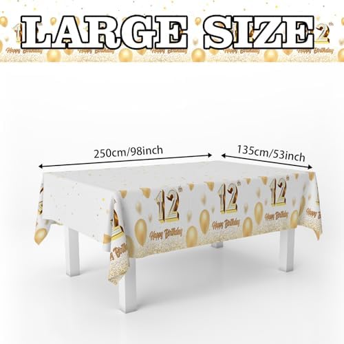 12th Birthday Tablecloth White Gold Rectangle Party Decor