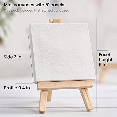 ARTEZA 14-Pack Mini Stretched Canvases for Painting 3x3 Inches with Easels
