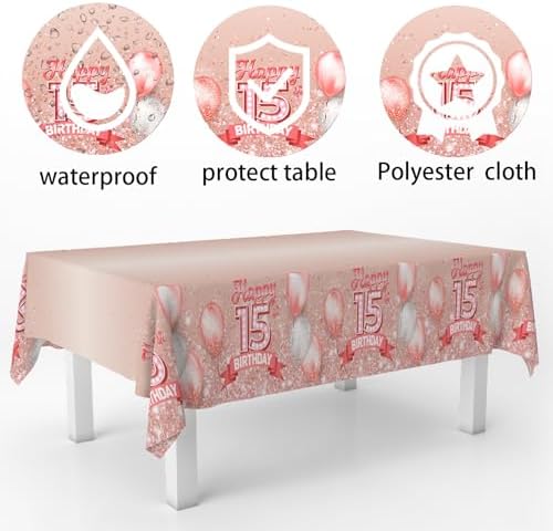 15th Birthday Glitter Tablecloth for Indoor Outdoor Events