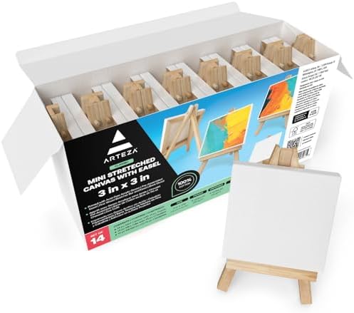 ARTEZA 14-Pack Mini Stretched Canvases for Painting 3x3 Inches with Easels