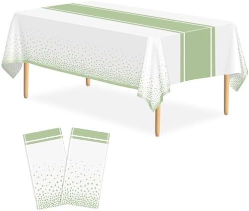 2 Pack White and Sage Green Tablecloth Party Decorations