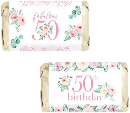 Pink Floral 50th Birthday Party Favor Wrappers 42 Count