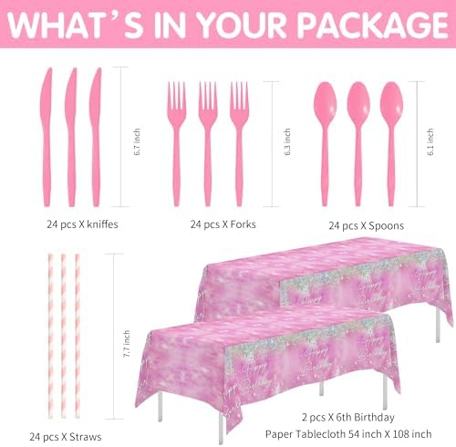 Pink Diamond 6th Birthday Party Tableware Set for 24 Guests