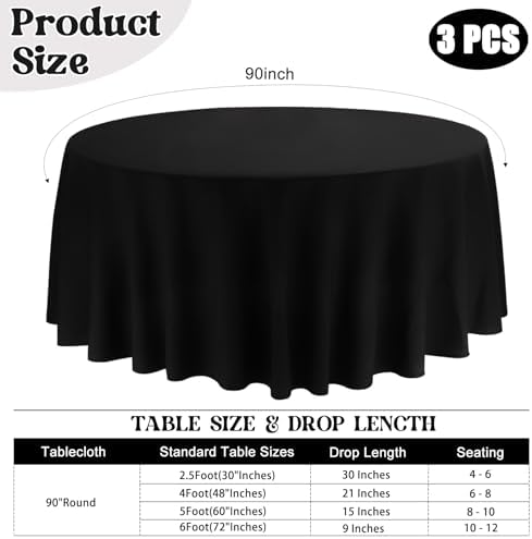 3 Pack 90 Inch Round Black Polyester Tablecloths for Events