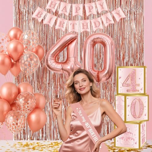 40th Birthday Decorations - Rose Gold Foil Balloons and Confetti