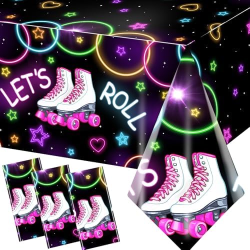 Roller Skating Birthday Tablecloths 3Pcs Neon Lets Roll Covers