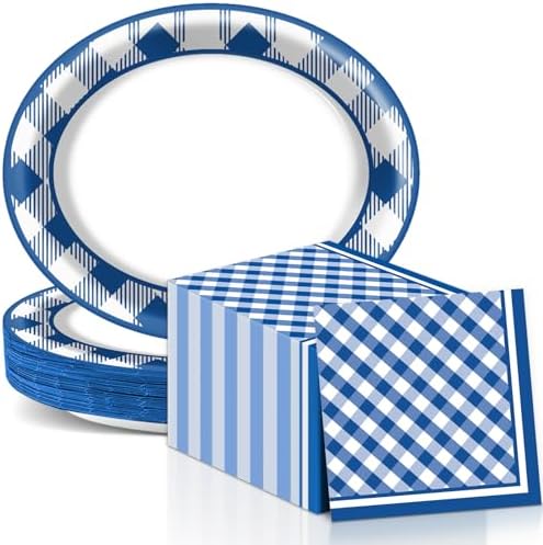 QOUBAI Gingham Oval Plates 11inch Blue White Checkered Set for 25 Guests