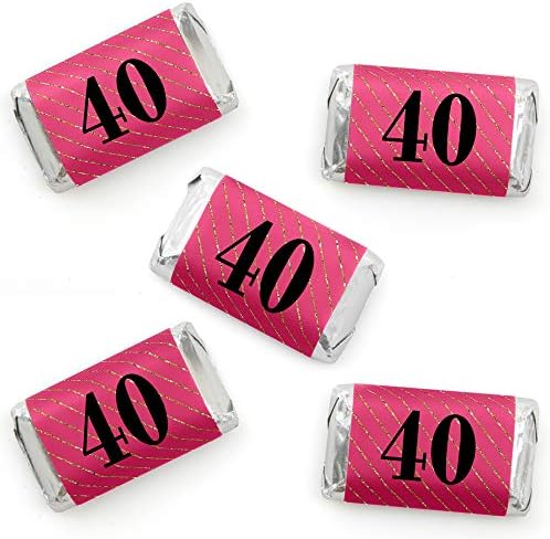 Chic 40th Birthday Pink Black Gold Mini Candy Bar Wrappers 40 Count