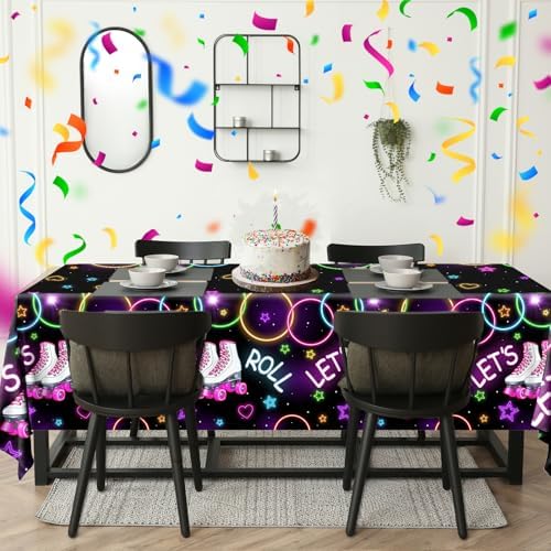 Roller Skating Birthday Tablecloths 3Pcs Neon Lets Roll Covers