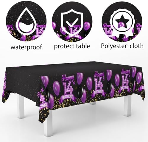 14th Birthday Tablecloth Purple Black Rectangle Glitter Decor