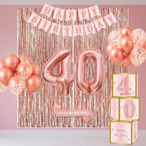 40th Birthday Decorations - Rose Gold Foil Balloons and Confetti