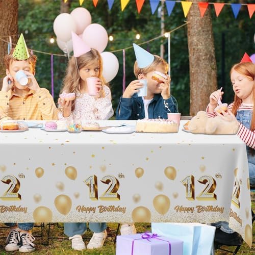 12th Birthday Tablecloth White Gold Rectangle Party Decor