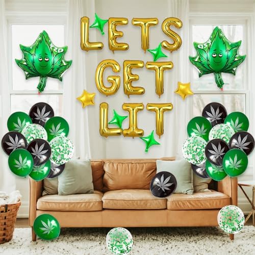 Weed Party Balloons with Gold Banner and Confetti