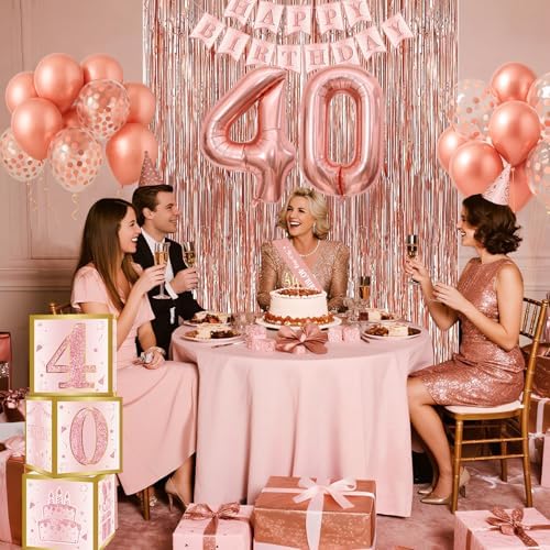 40th Birthday Decorations - Rose Gold Foil Balloons and Confetti