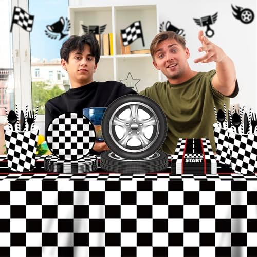 3 Pcs Racing Car Party Tablecloth with Black Checkered Pattern