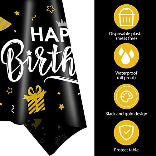 3pcs Black and Gold Birthday Tablecloth for Men Women