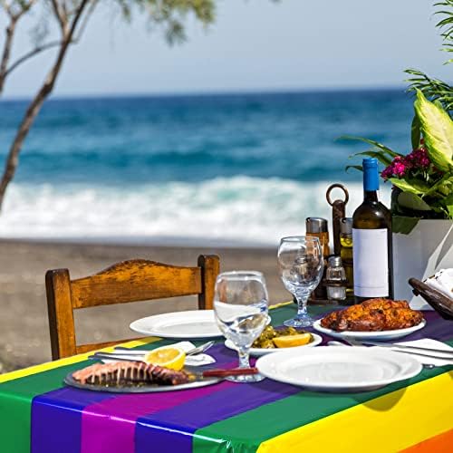 Fovths 2 Pack Rainbow Stripe Plastic Tablecloth for Rectangular Tables