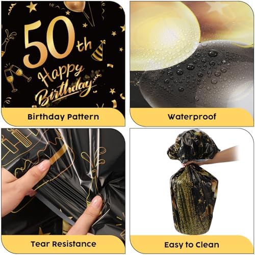 Oudain 3 Pack Round Birthday Tablecloths Black Gold Party Decor