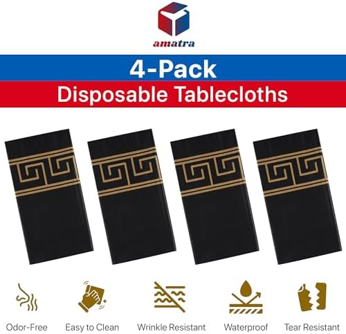 4-Pack Premium Disposable Tablecloths 54x108 Black Gold Margin