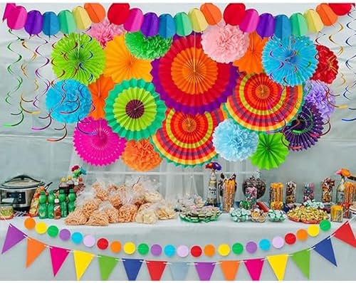 53 Piece Mexican Themed Hanging Paper Fan Decor Set