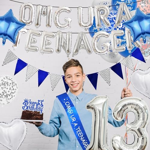 13th Birthday Decorations for Boys Blue Silver Set