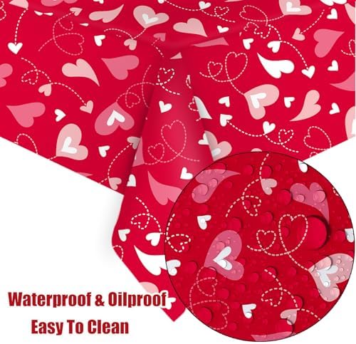 VARACL 3 Pack Valentine Day Tablecloth 108x54 Red Heart Vinyl