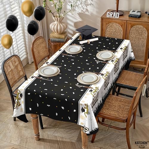 KatchOn Black and Gold Graduation Tablecloth 108x54 Inch Pack of 3