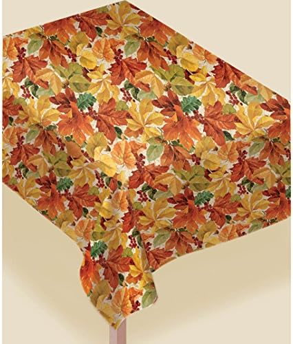 Amscan Elegant Leaves Flannel-Backed Vinyl Table Cover Brown Orange 52x90