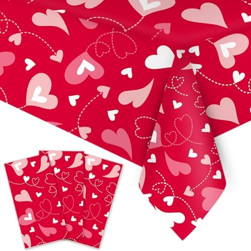 VARACL 3 Pack Valentine Day Tablecloth 108x54 Red Heart Vinyl