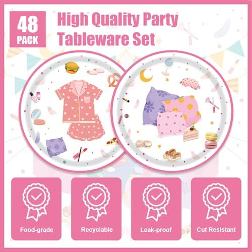 48Pcs Sleepover Party Tableware for 24 Guests