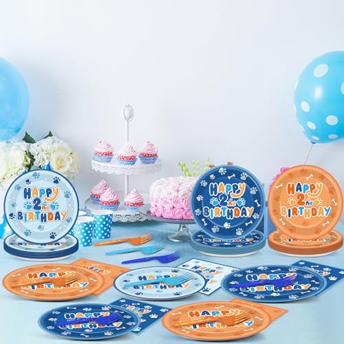 96Pcs Blue Dog 2nd Birthday Party Plates Napkins Decorations