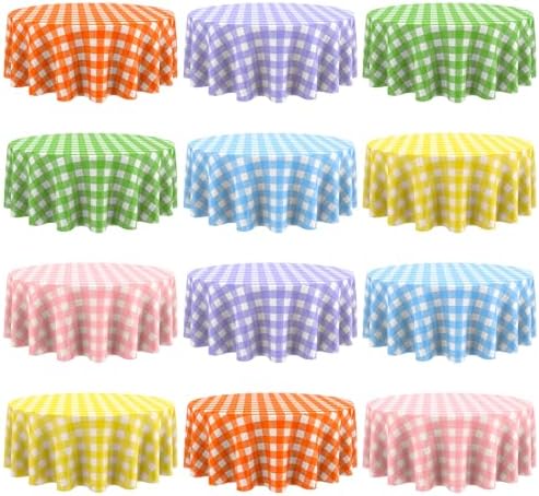 Disposable Checkered Round Table Cover 84 Gingham Plaid Tablecloth 12 Pack