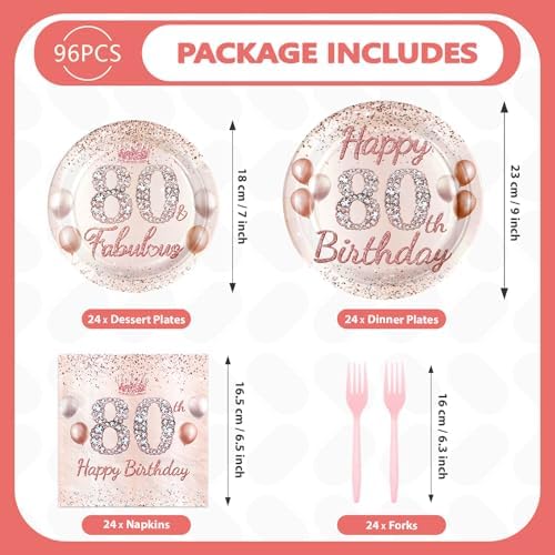 Grencian 96 Pcs 80th Birthday Tableware Set Rose Gold