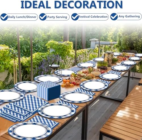 QOUBAI Gingham Oval Plates 11inch Blue White Checkered Set for 25 Guests