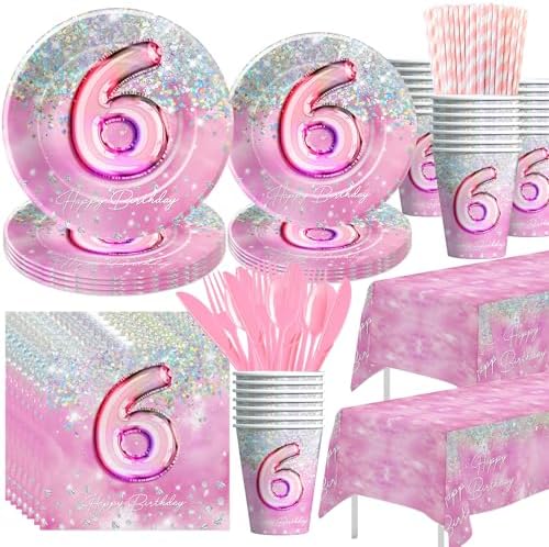 Pink Diamond 6th Birthday Party Tableware Set for 24 Guests