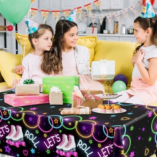 Roller Skating Birthday Tablecloths 3Pcs Neon Lets Roll Covers