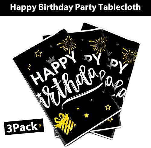 3pcs Black and Gold Birthday Tablecloth for Men Women