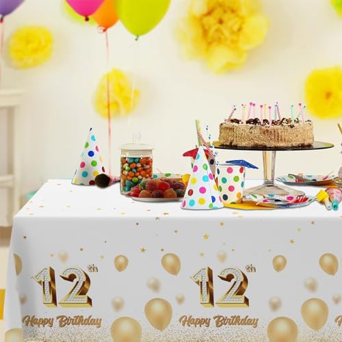 12th Birthday Tablecloth White Gold Rectangle Party Decor