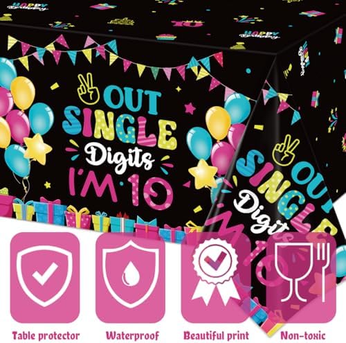 10th Birthday Tablecloths 3Pcs Plastic Large 54x108 Inch