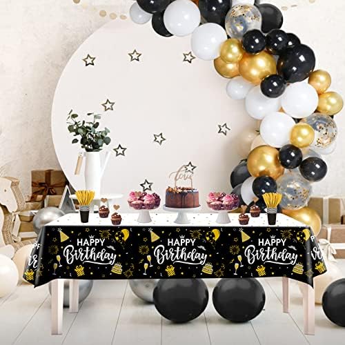 3pcs Black and Gold Birthday Tablecloth for Men Women