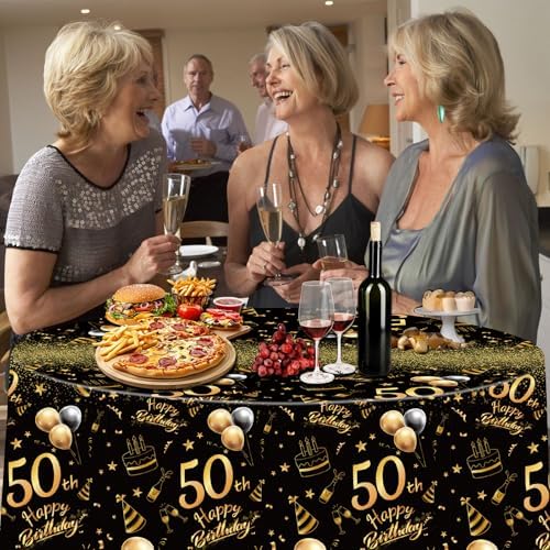 Oudain 3 Pack Round Birthday Tablecloths Black Gold Party Decor
