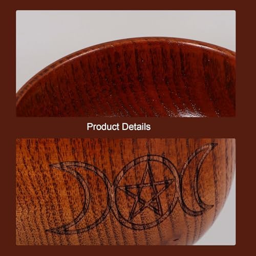 LOGOFUN 2PCS Wooden Ritual Bowls with Moon and Pentacle Design
