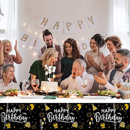 3pcs Black and Gold Birthday Tablecloth for Men Women