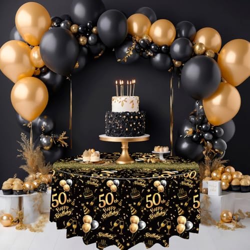 Oudain 3 Pack Round Birthday Tablecloths Black Gold Party Decor