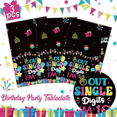 10th Birthday Tablecloths 3Pcs Plastic Large 54x108 Inch