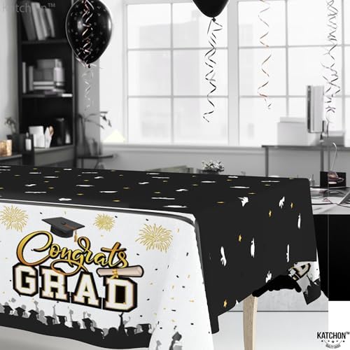 KatchOn Black and Gold Graduation Tablecloth 108x54 Inch Pack of 3
