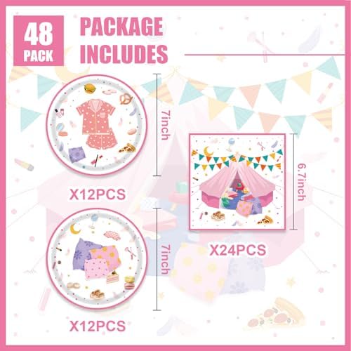 48Pcs Sleepover Party Tableware for 24 Guests