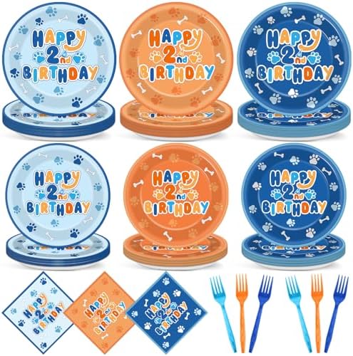 96Pcs Blue Dog 2nd Birthday Party Plates Napkins Decorations